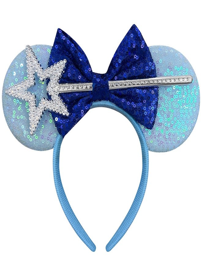 Bmobuo Cute Mouse Ears Headband for Women Sequin Blue Bows Park Ears Fairy Halloween Costume